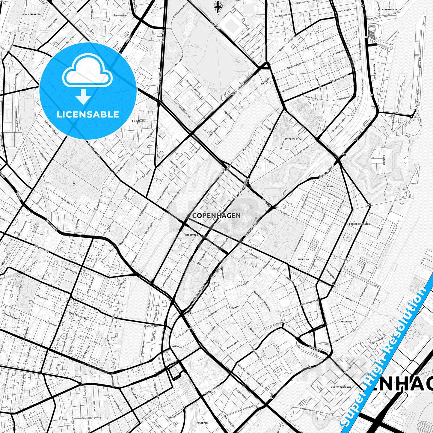 Copenhagen, Denmark Light Map with Street Names, City Names, and Districts