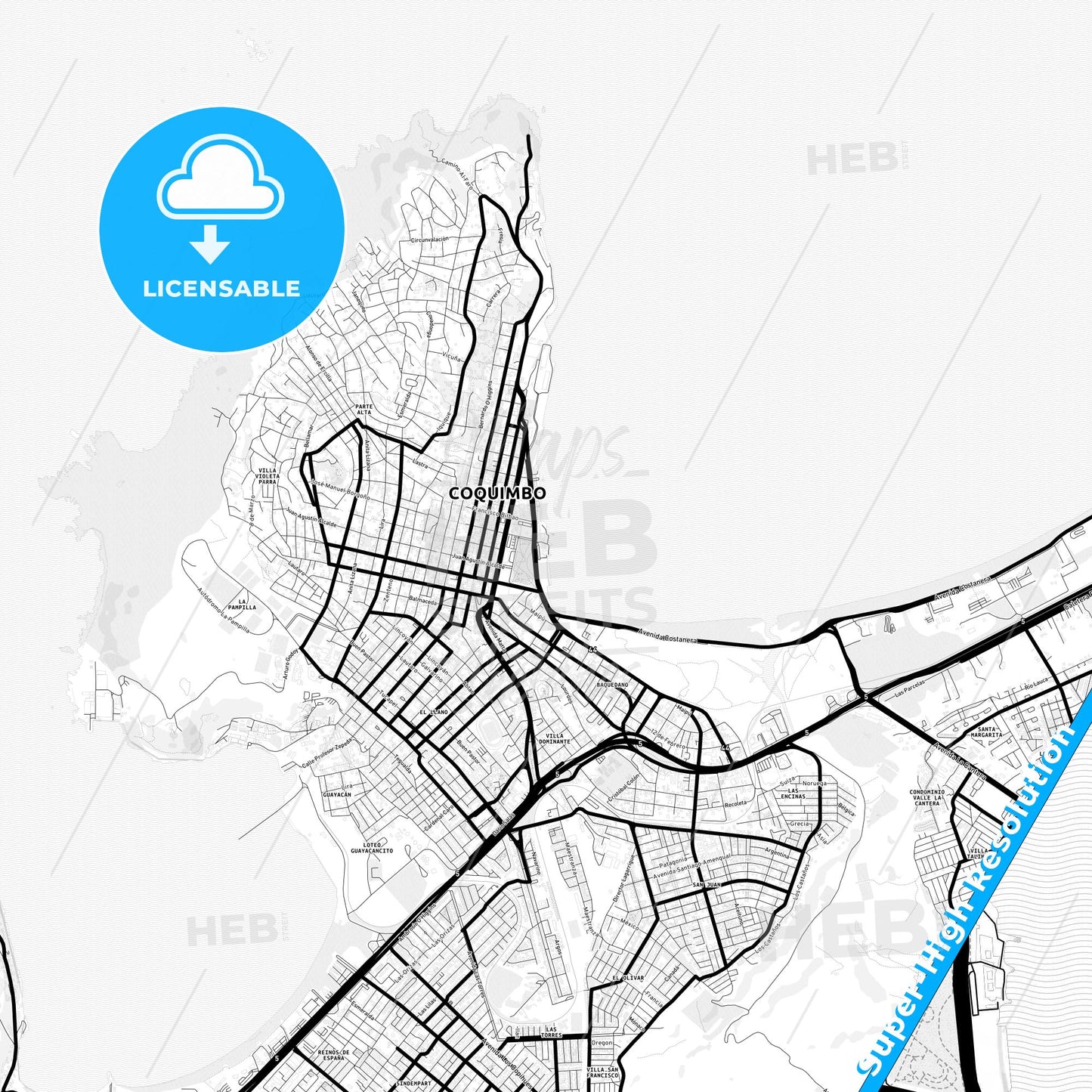 Coquimbo, Chile Light Map with Street Names, City Names, and Districts