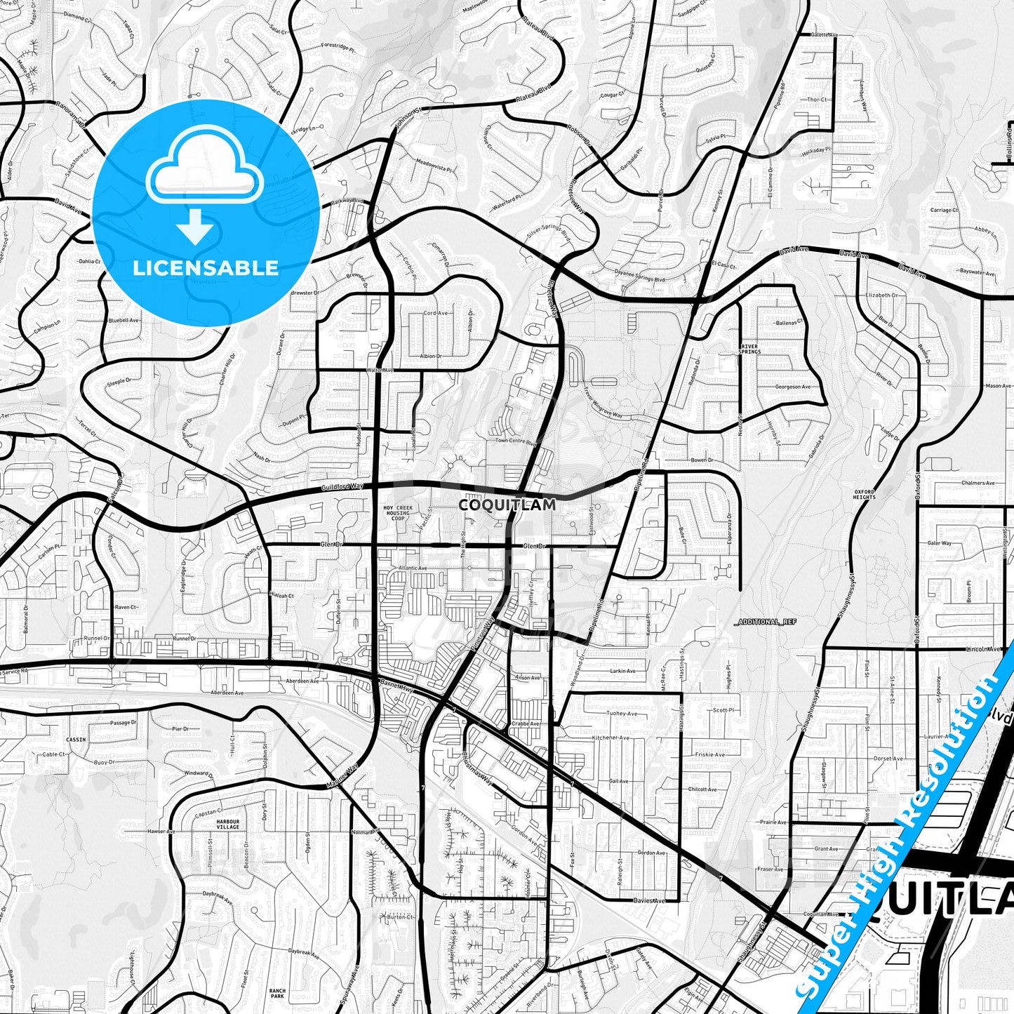 Coquitlam, Canada Light Map with Street Names, City Names, and Districts