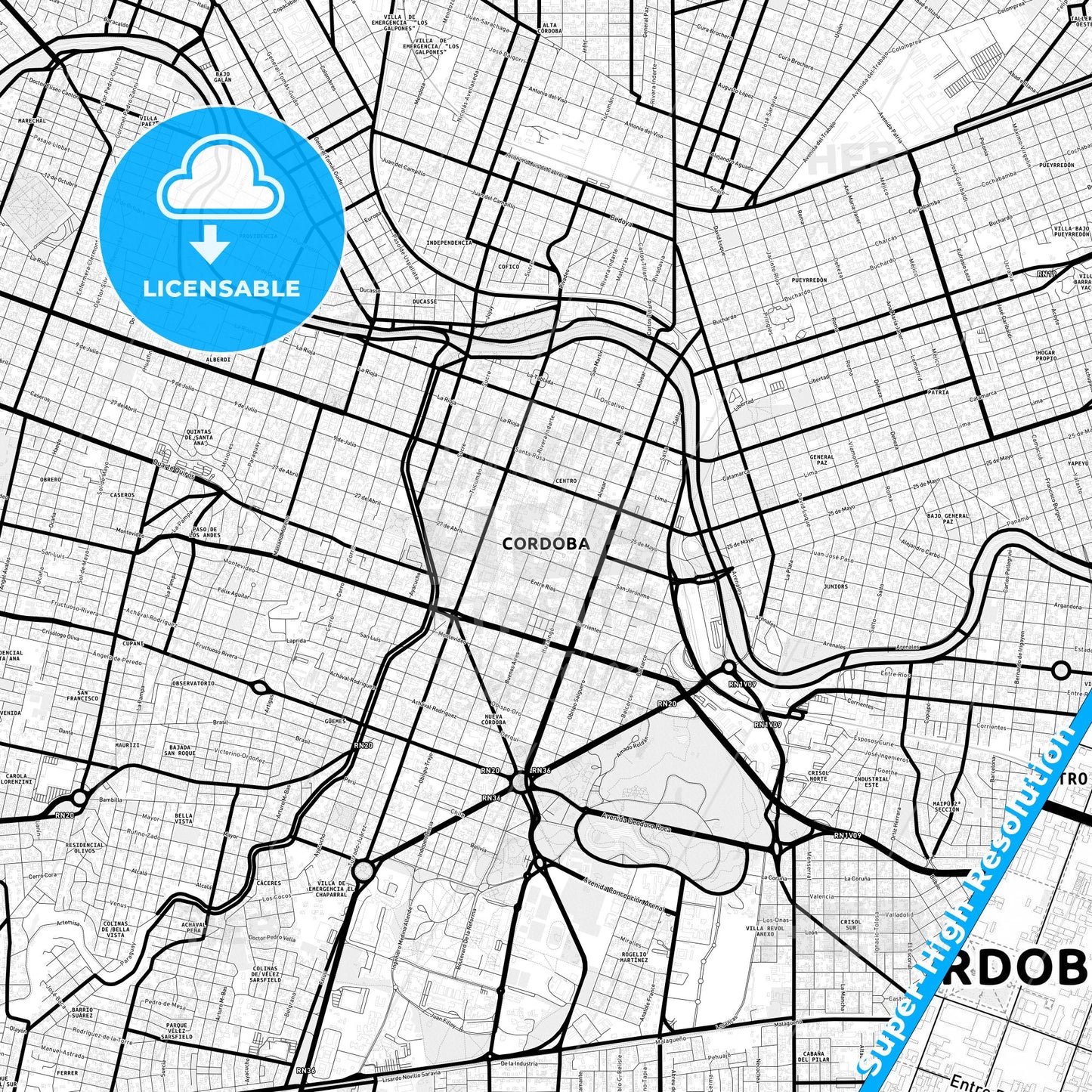 Cordoba, Argentina Light Map with Street Names, City Names, and Districts