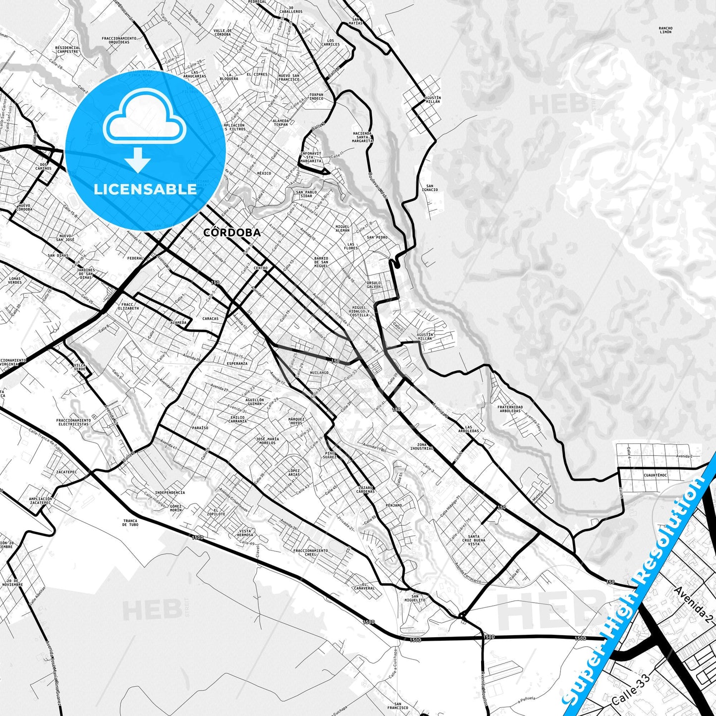 Córdoba, Mexico Light Map with Street Names, City Names, and Districts