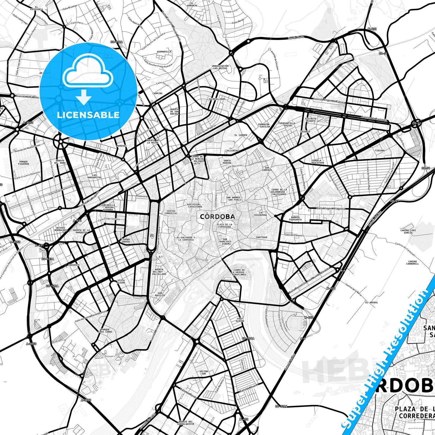 Córdoba, Spain Light Map with Street Names, City Names, and Districts