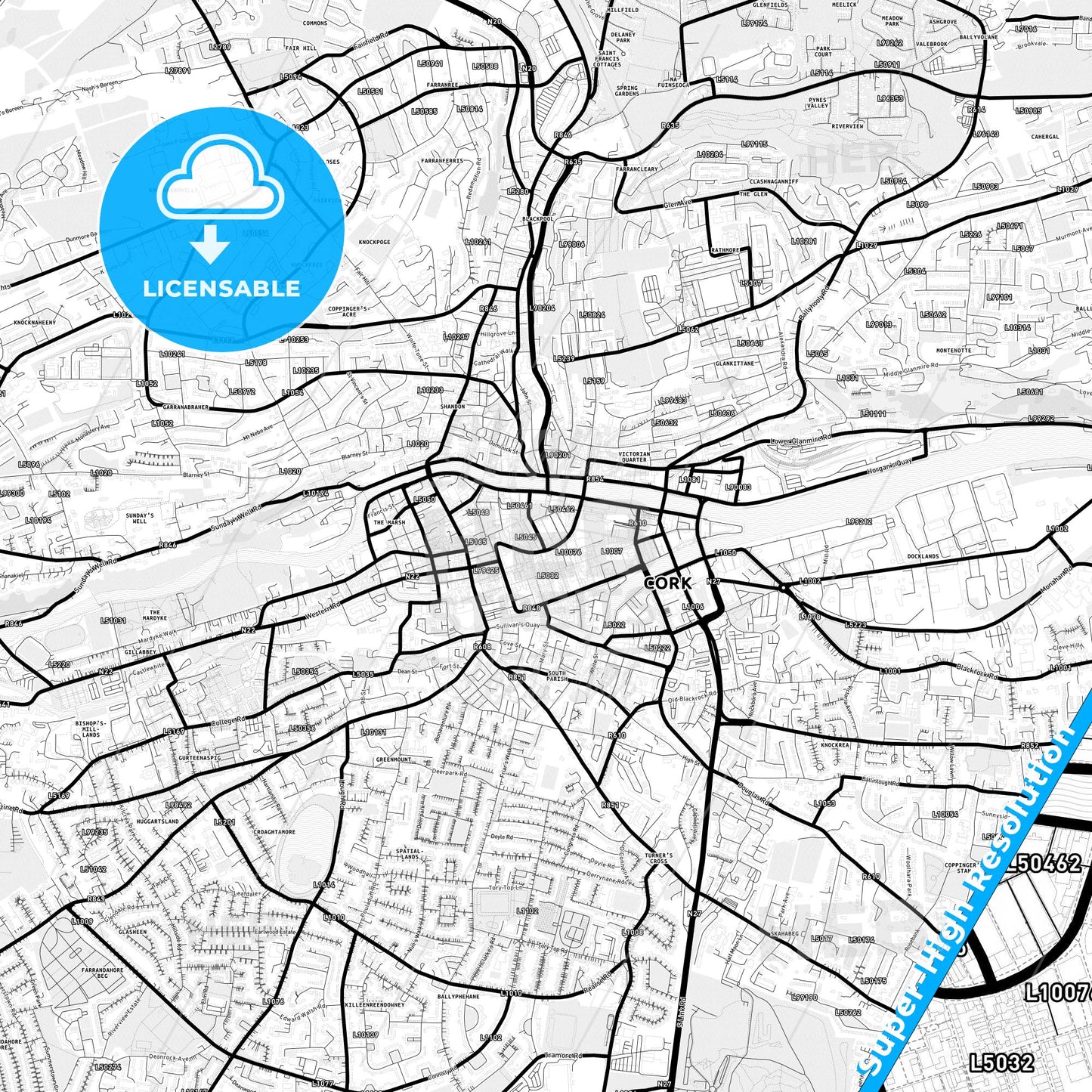 Cork, Ireland Light Map with Street Names, City Names, and Districts