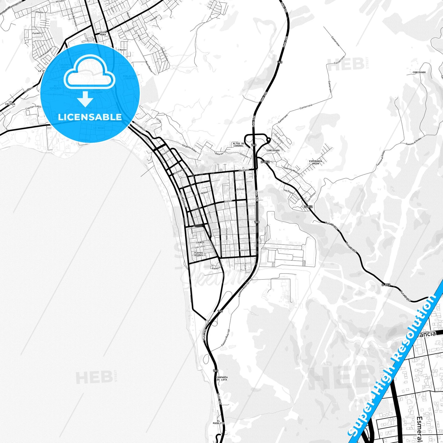 Coronel, Chile Light Map with Street Names, City Names, and Districts
