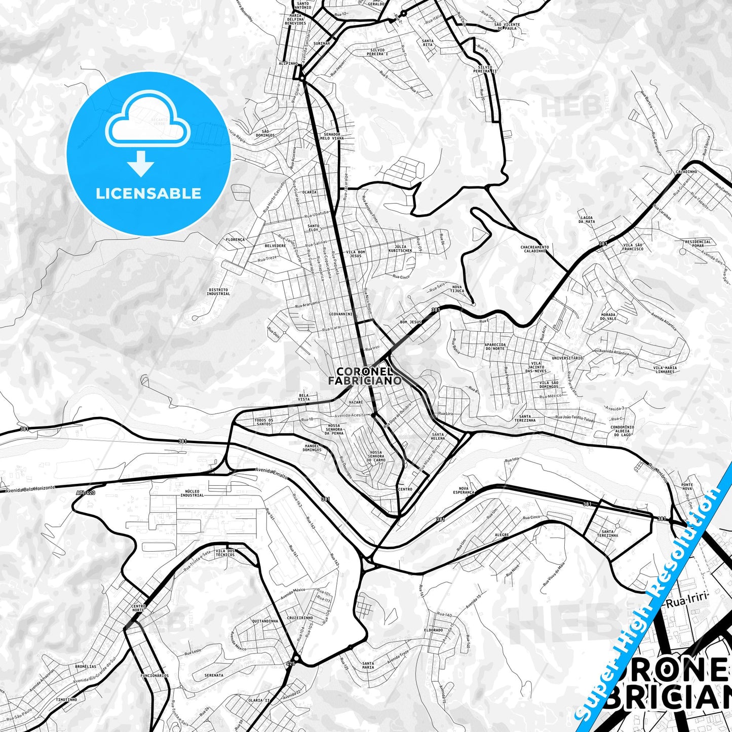 Coronel Fabriciano, Brazil Light Map with Street Names, City Names, and Districts