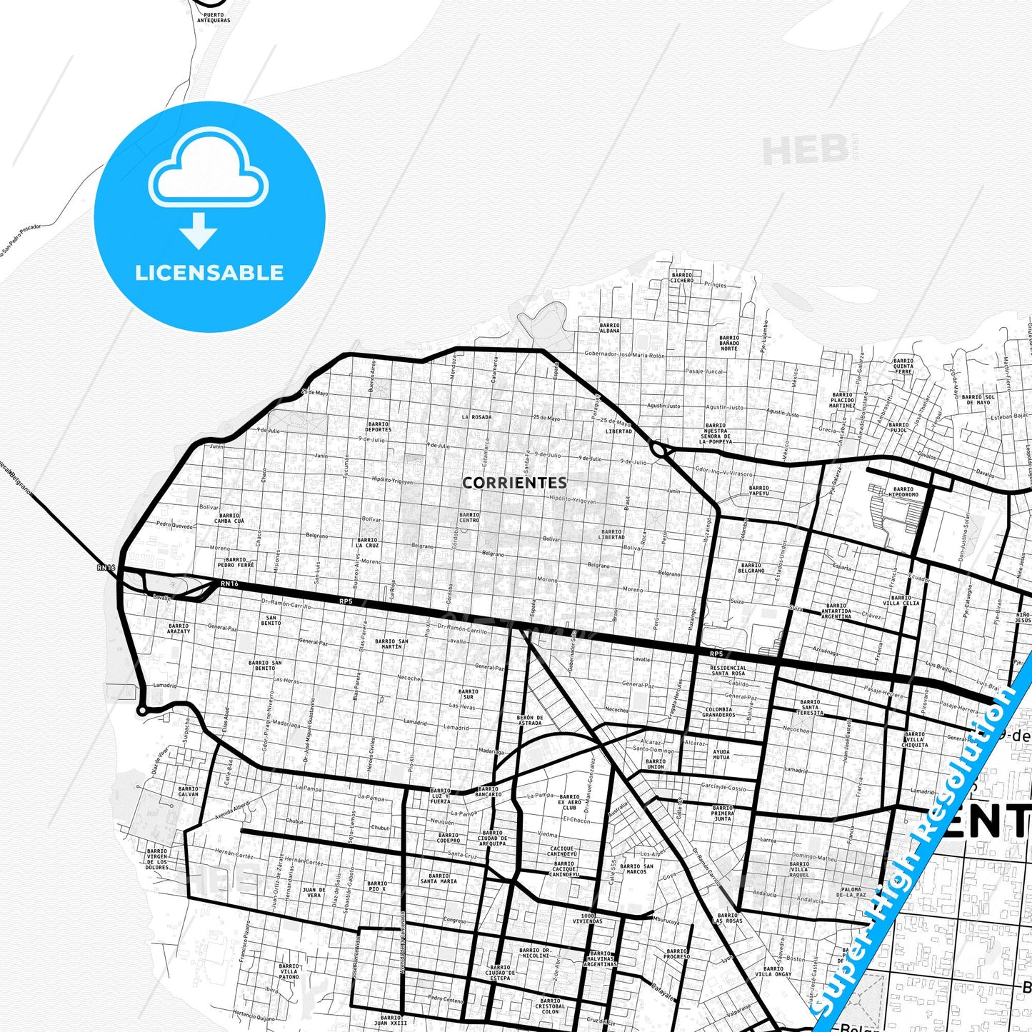 Corrientes, Argentina Light Map with Street Names, City Names, and Districts