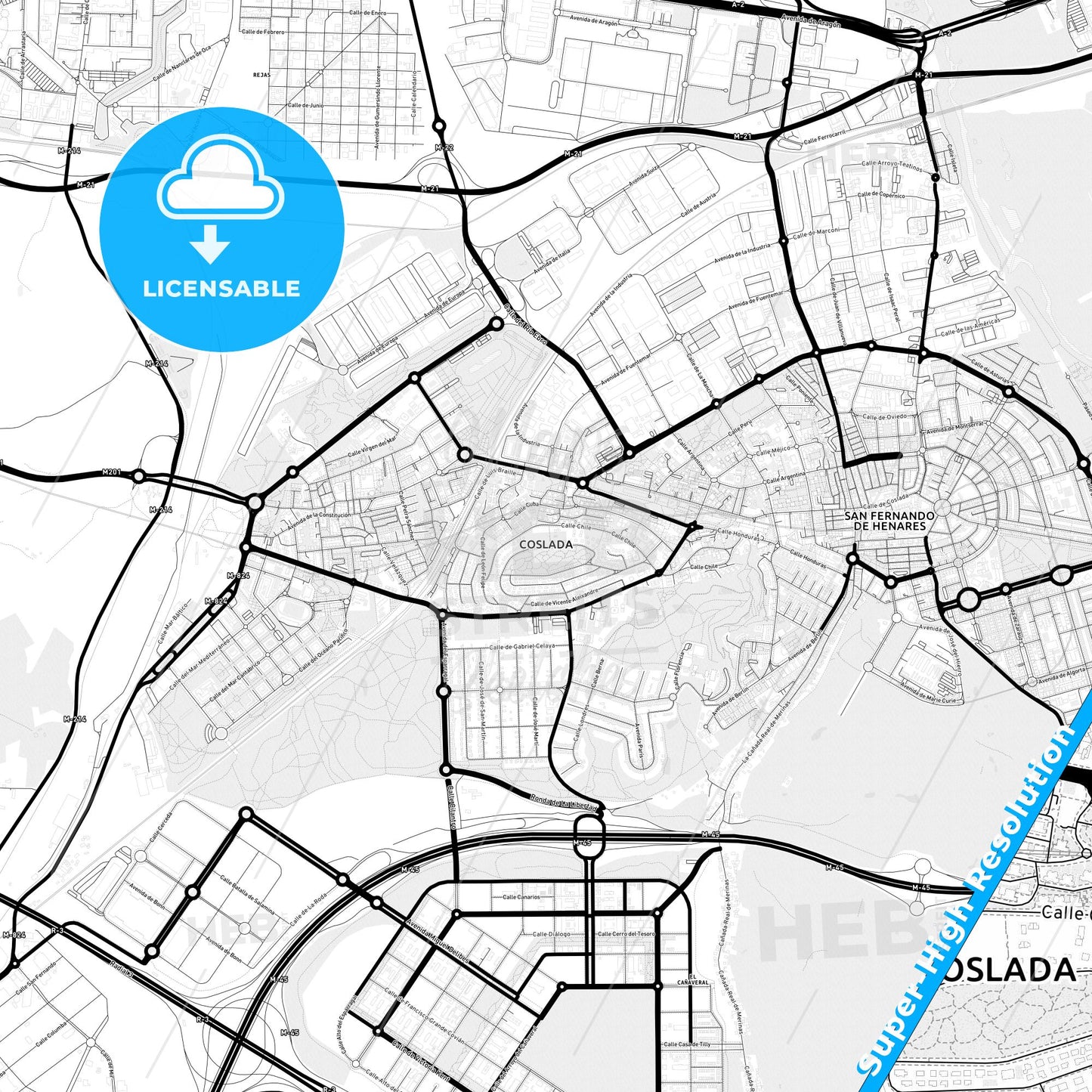 Coslada, Spain Light Map with Street Names, City Names, and Districts