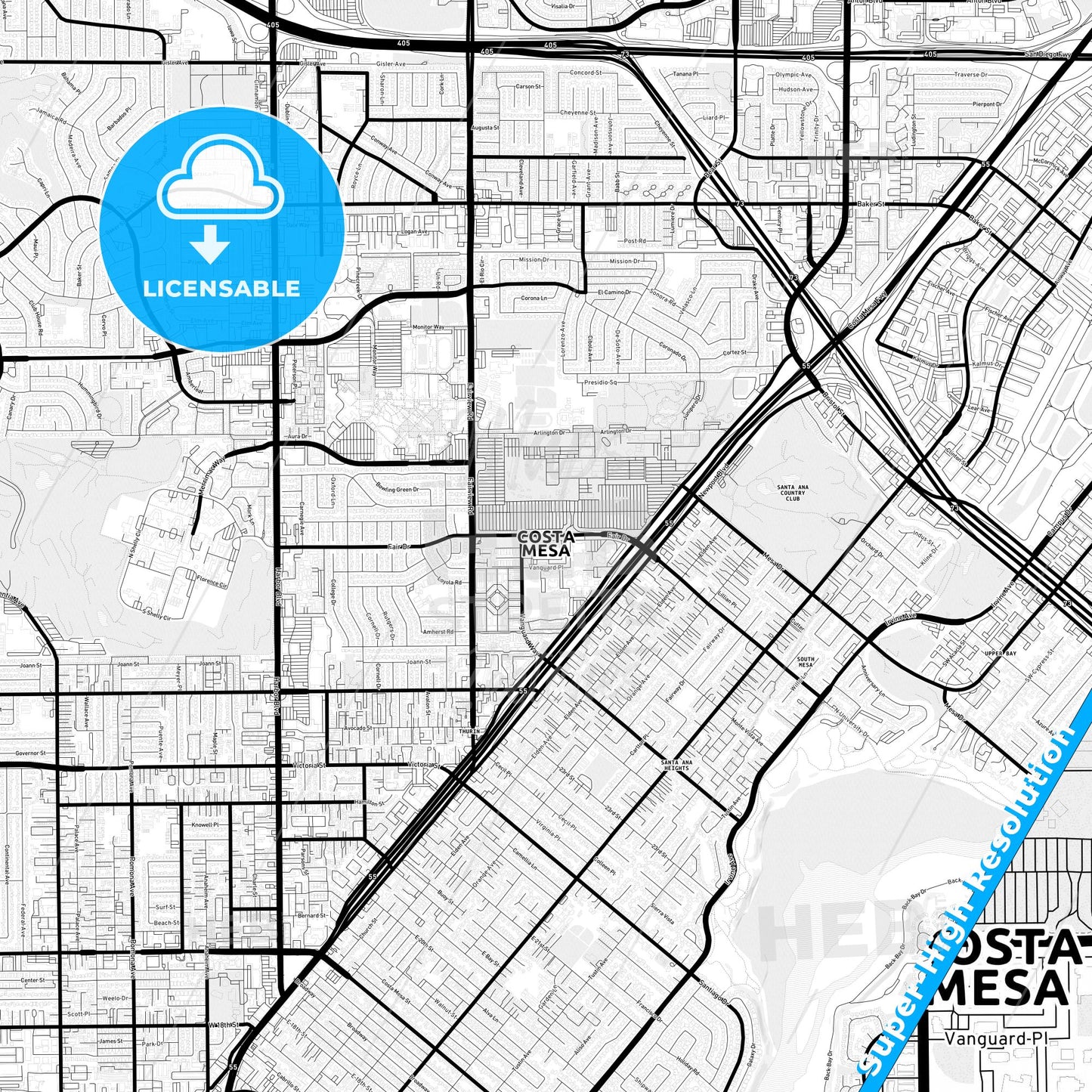 Costa Mesa, California Light Map with Street Names, City Names, and Districts