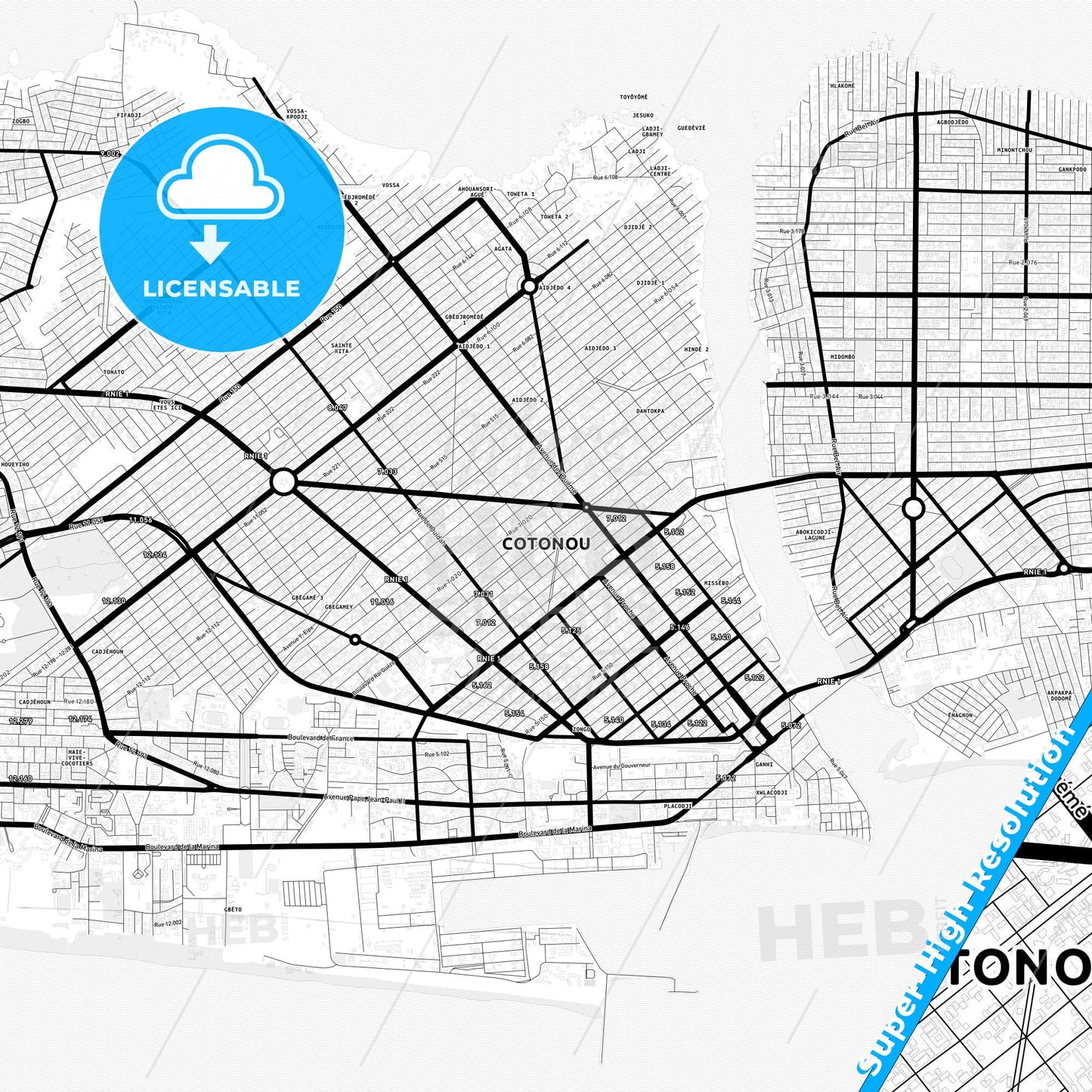 Cotonou, Benin Light Map with Street Names, City Names, and Districts