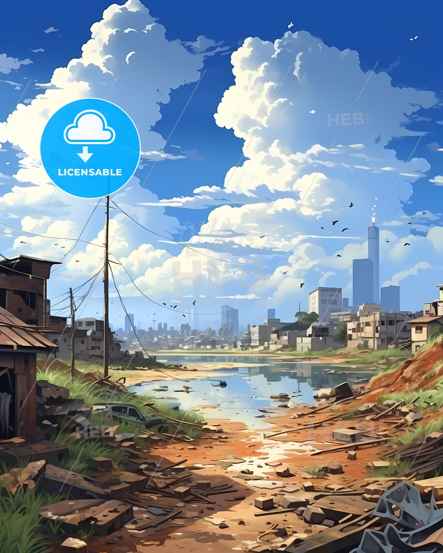 Vibrant Cotonou Benin City Skyline Painting with Art Focus, Riverfront