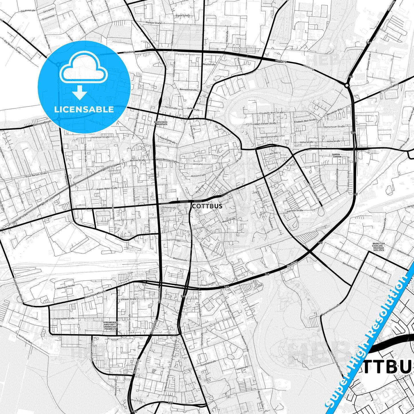 Cottbus, Germany Light Map with Street Names, City Names, and Districts
