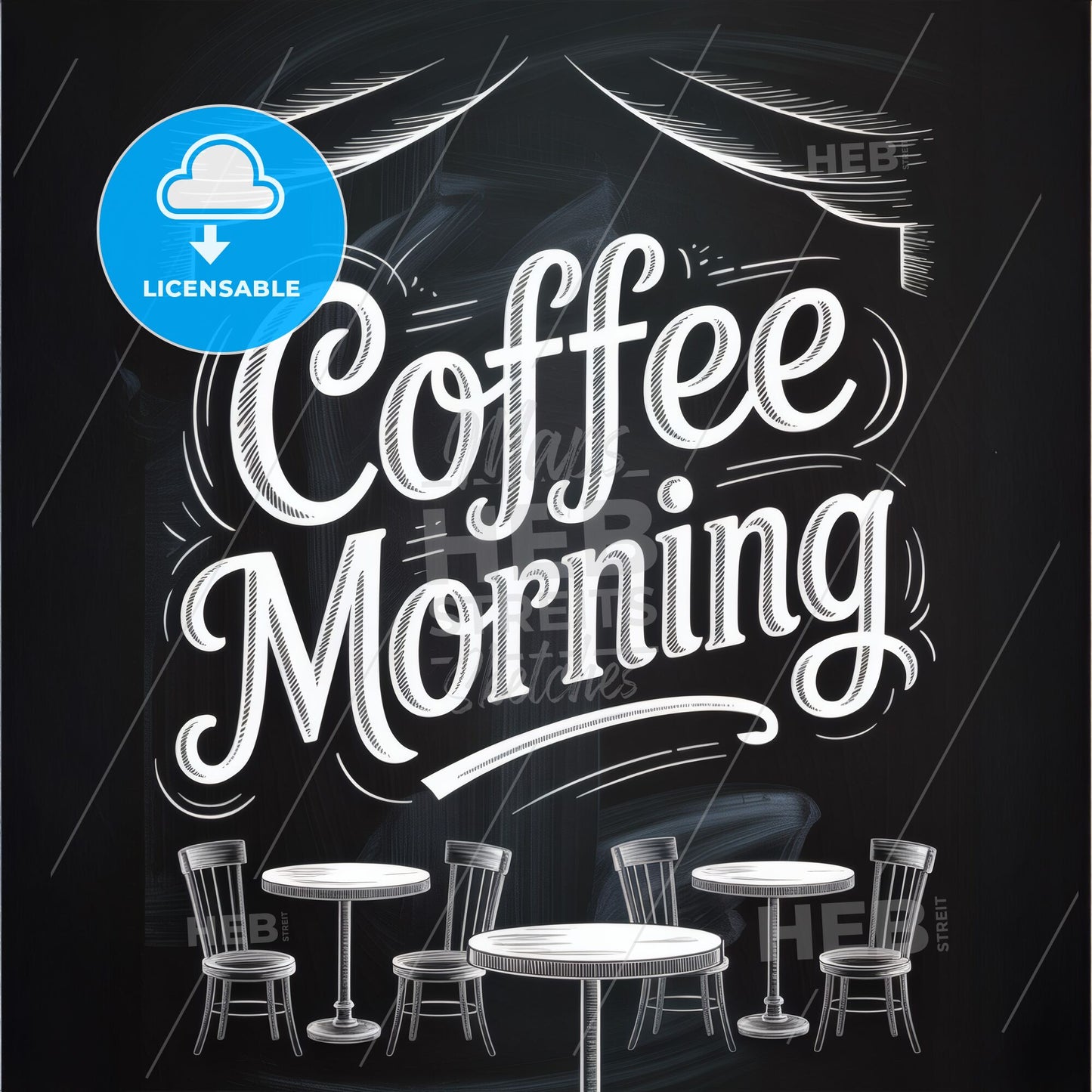 Cozy Coffee Morning with Vintage Café Tables and Handwritten Typography on Chalkboard Background