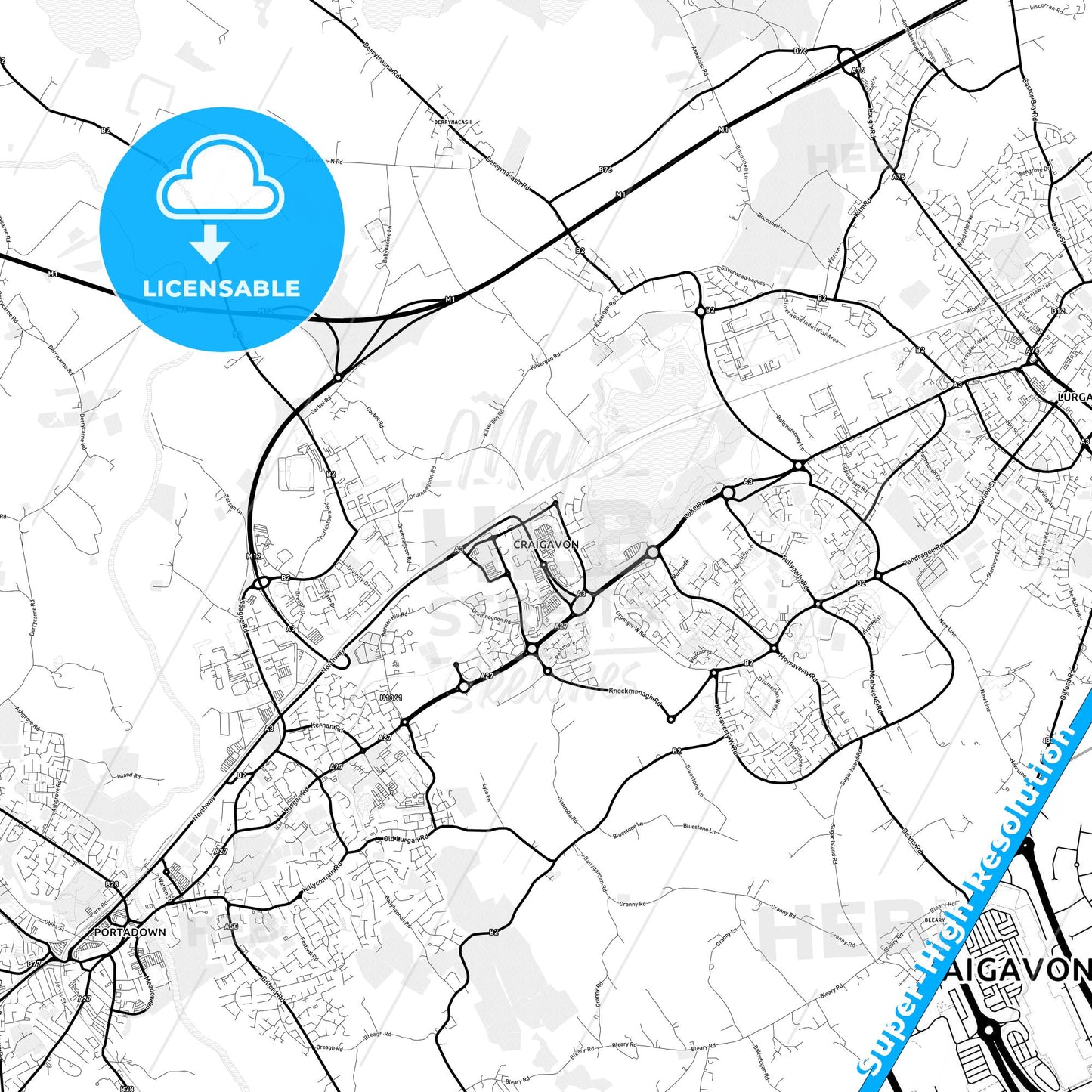Craigavon, Northern Ireland Light Map with Street Names, City Names, and Districts