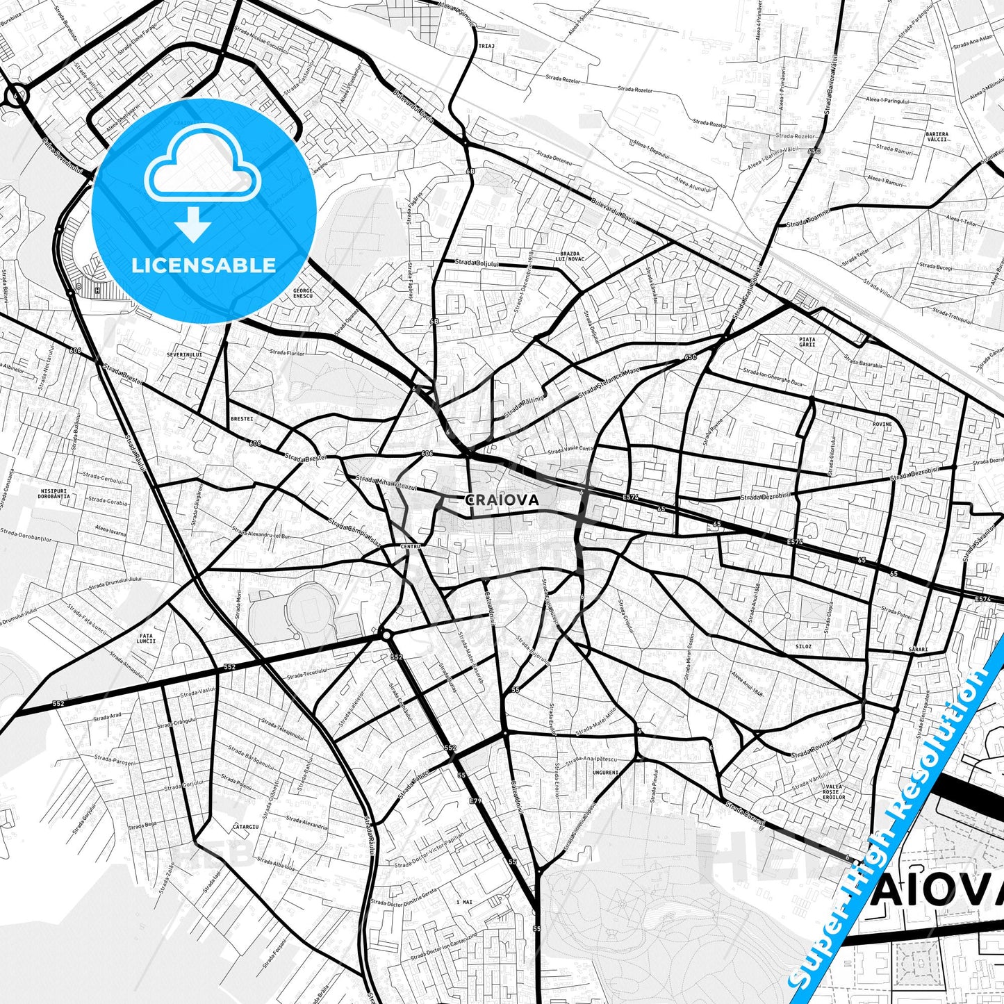 Craiova, Romania Light Map with Street Names, City Names, and Districts