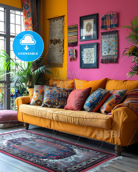 Colorful Bangladeshi Boho Art Painting: Couch with Pillows in Vibrant Pink Room with Rug