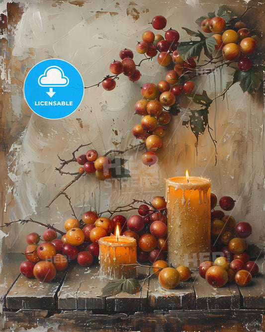 Historical Minimalistic Oil Still Life Painting Canvas Candles Fruit Table Art