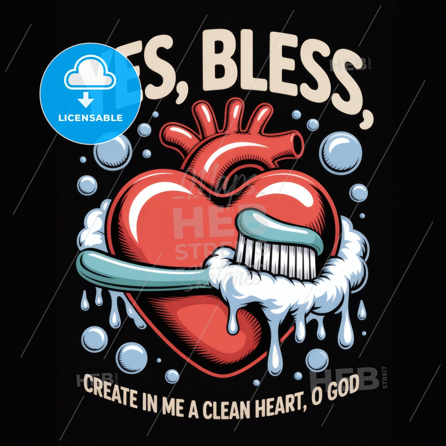 Creative Illustration of a Heart Brushing for Spiritual Renewal with Playful Typography and Bubbles.
