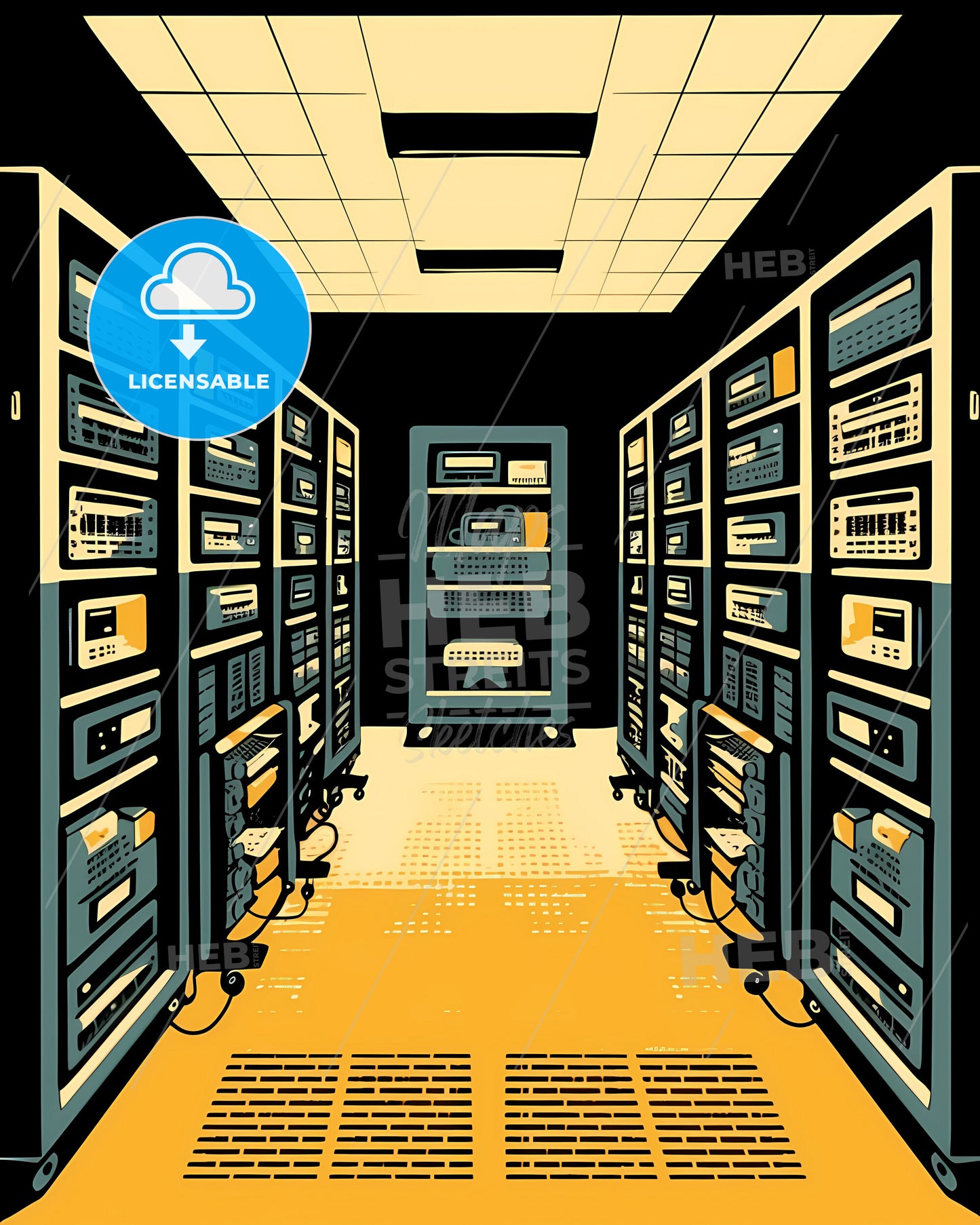 Creative Abstract Art: Vibrant Painting, Data Lines, Connectivity, Technology Hub, Modern Room, Electronic Equipment