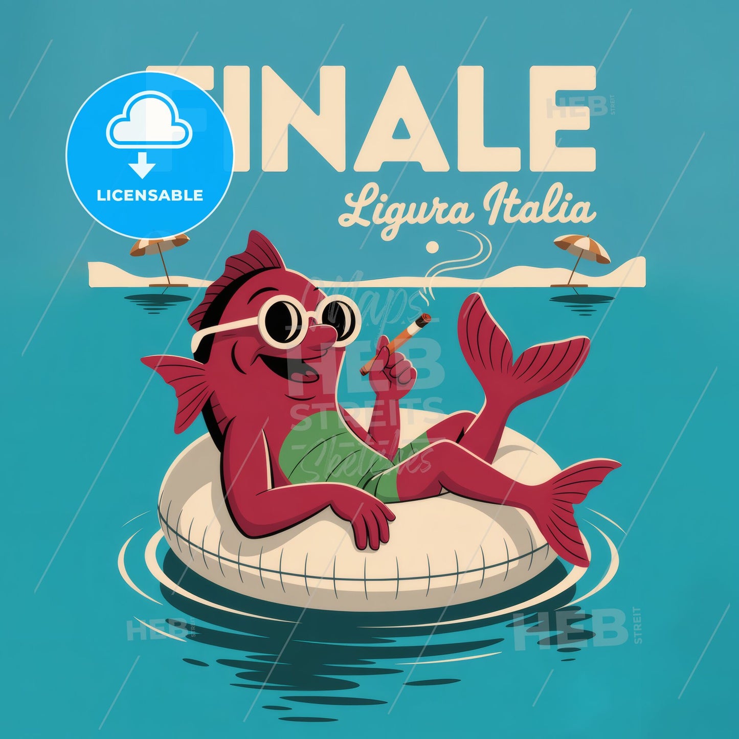 Playful Cartoon Fish Relaxing on Inflatable Float in Sunny Mediterranean Setting - Finale, Liguria, Italy.