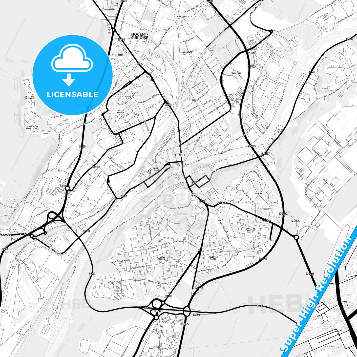 Creil, France Light Map with Street Names, City Names, and Districts
