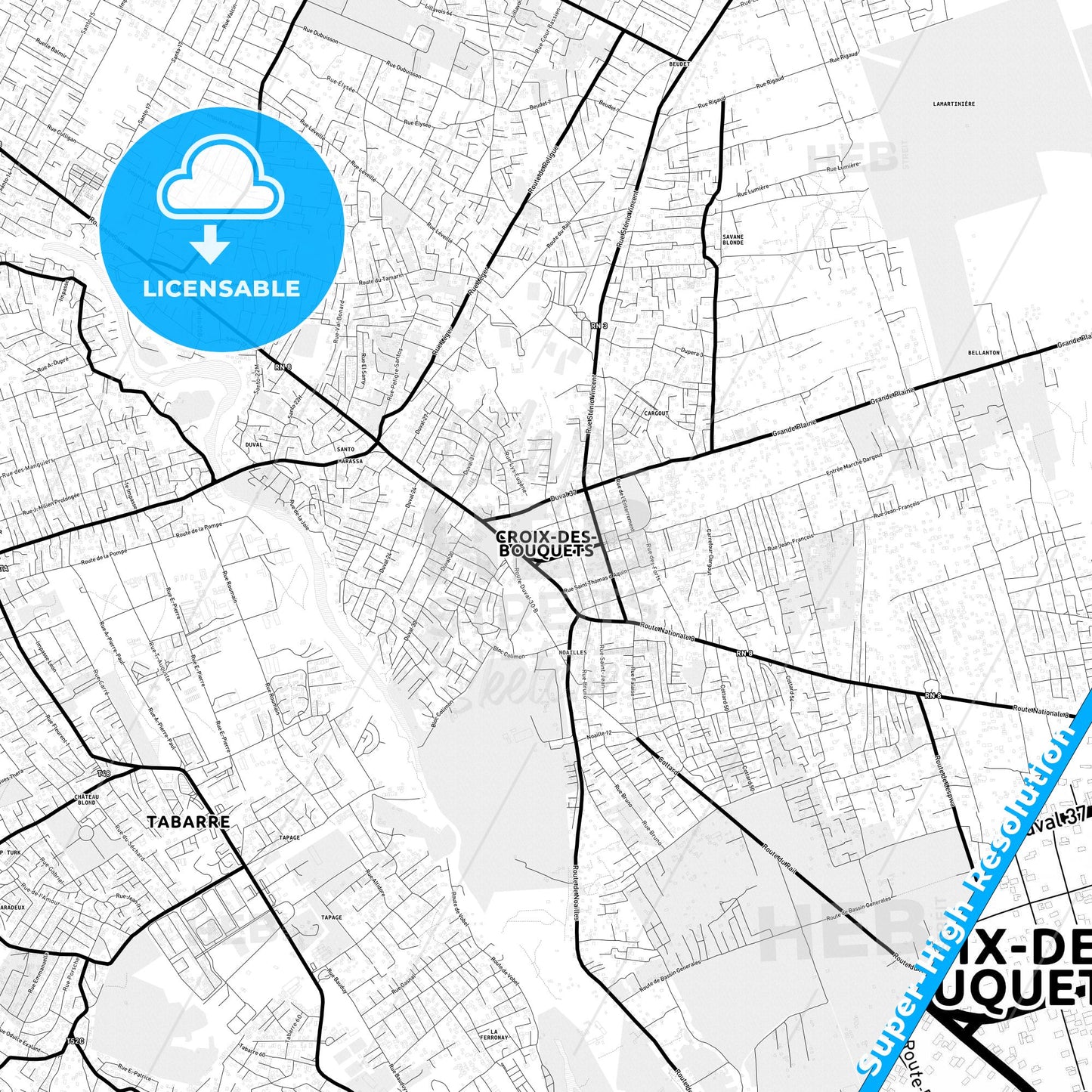 Croix-des-Bouquets, Haiti Light Map with Street Names, City Names, and Districts