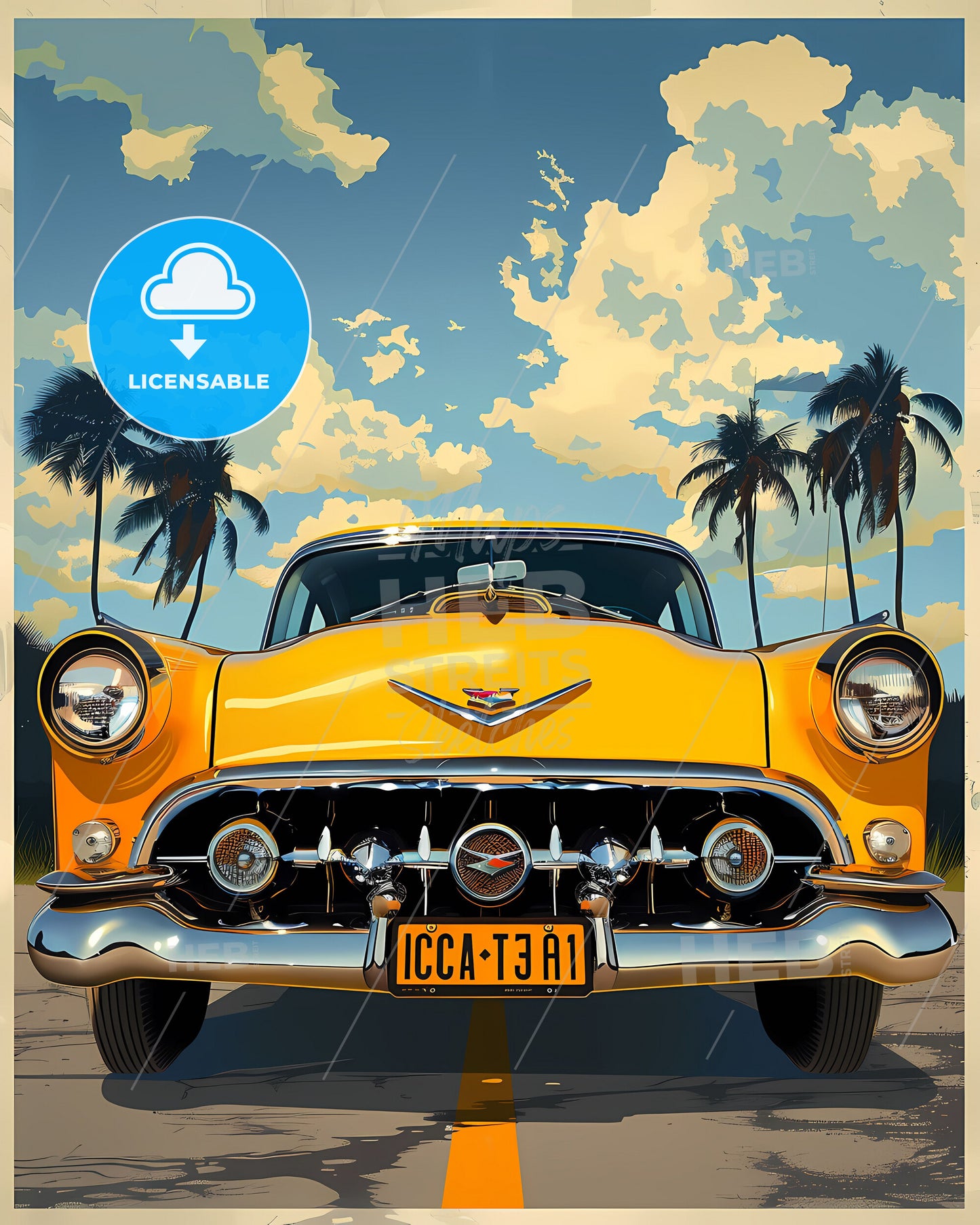 Vibrant Cuban Painting of a Yellow Car with Palm Trees in the Background