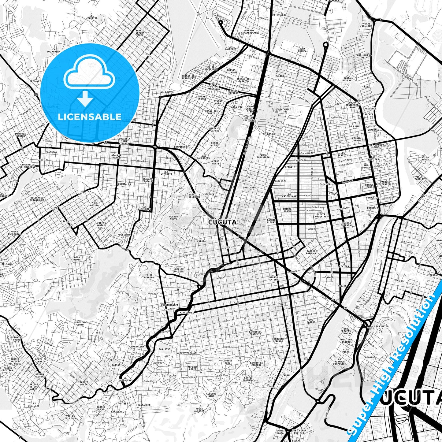 Cucuta, Colombia Light Map with Street Names, City Names, and Districts