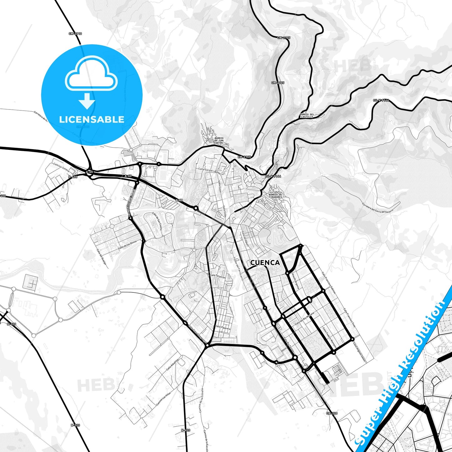 Cuenca, Spain Light Map with Street Names, City Names, and Districts