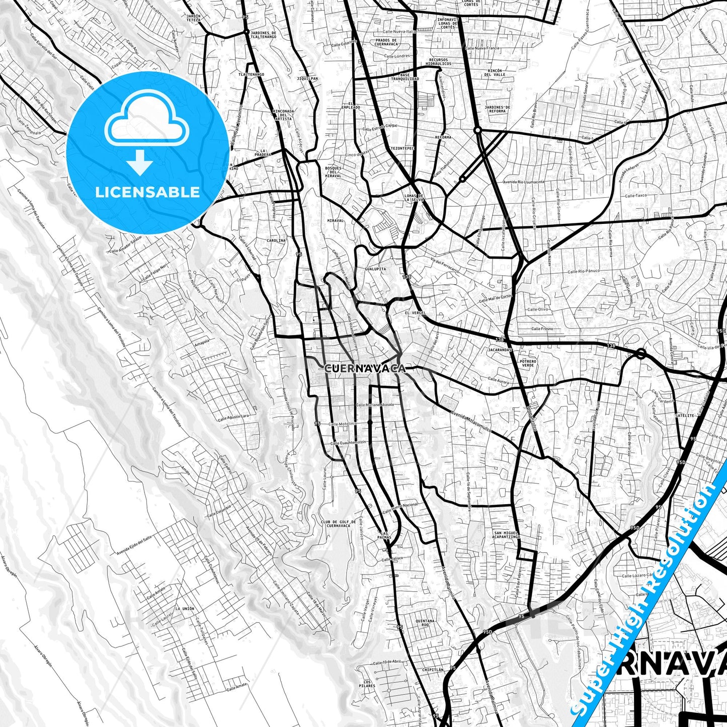 Cuernavaca, Mexico Light Map with Street Names, City Names, and Districts