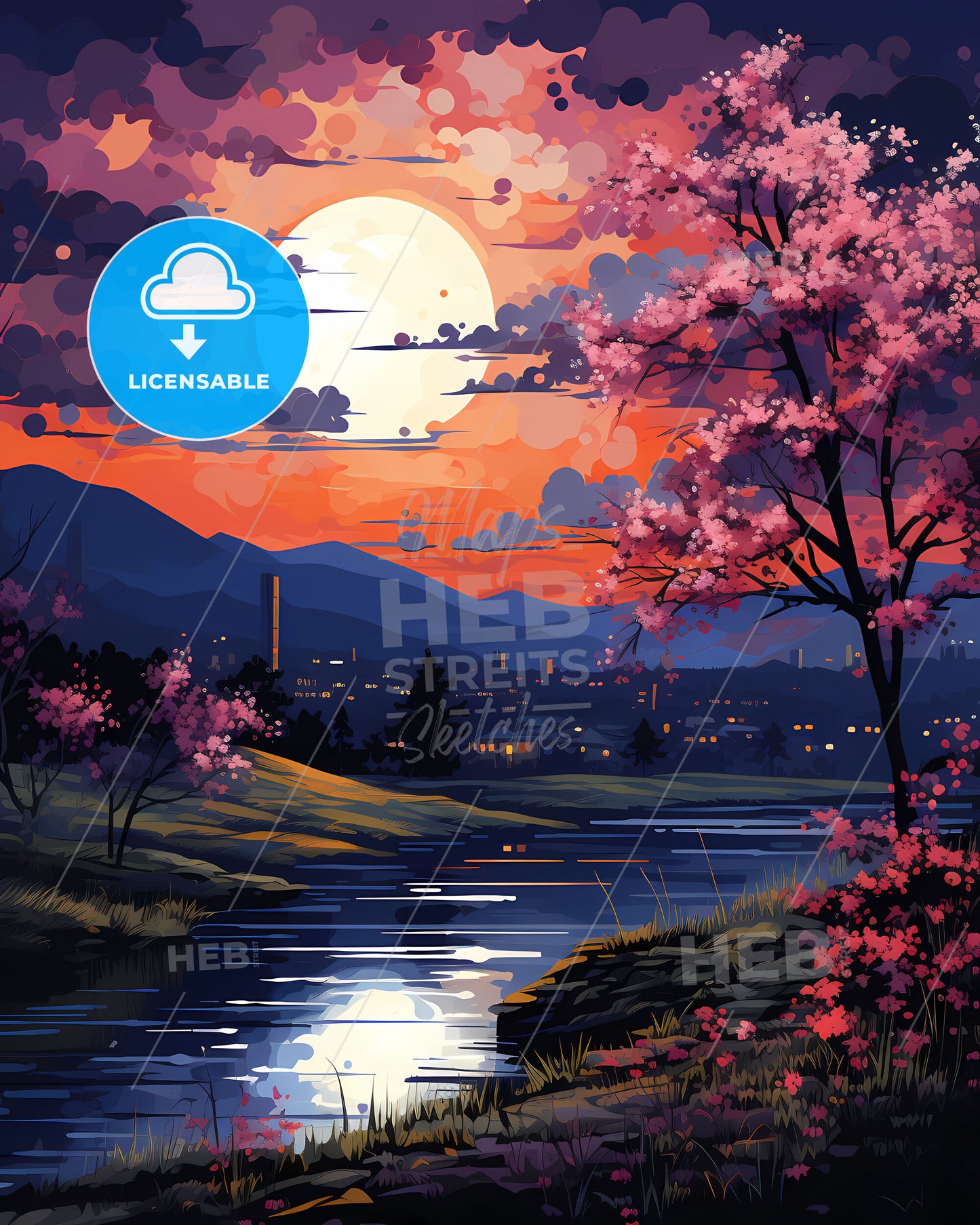 Riverbank Tree Painting Cuiaba Brazil Skyline Moonlight Tropical Nature Scenery