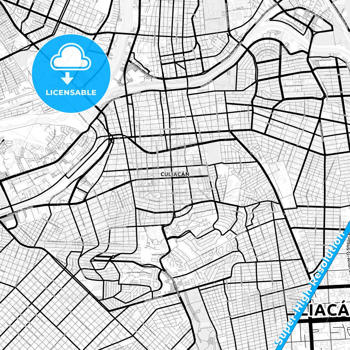 Culiacán, Mexico Light Map with Street Names, City Names, and Districts