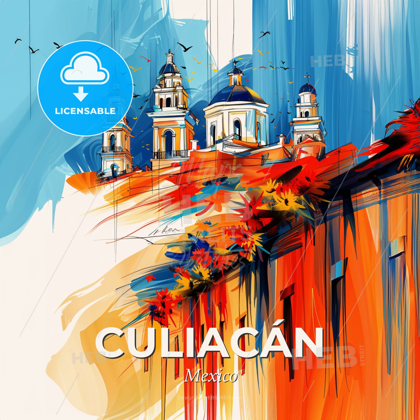Vibrant Culiacán, Mexico - A Painting Of A Building With A Tower And Birds Flying - Square format print template