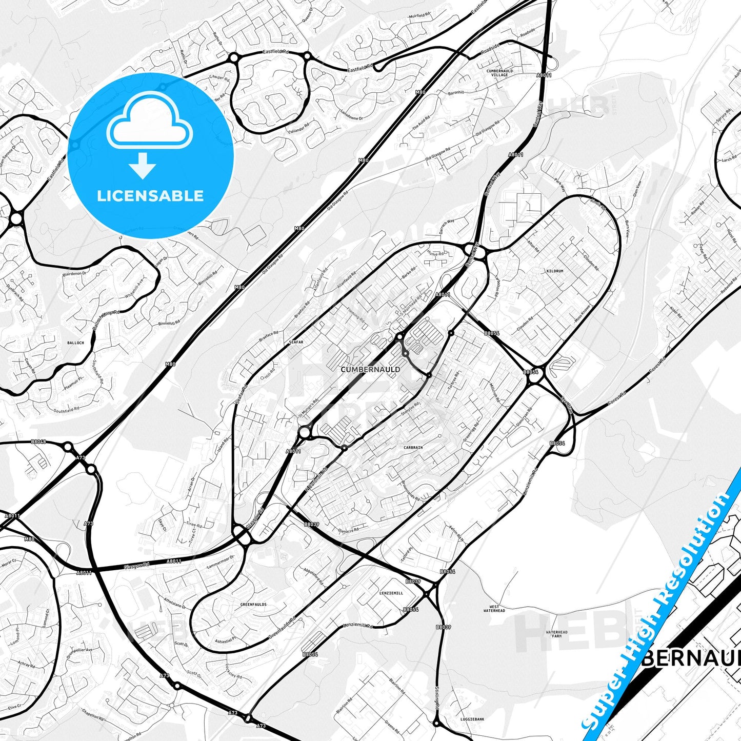 Cumbernauld, Scotland Light Map with Street Names, City Names, and Districts
