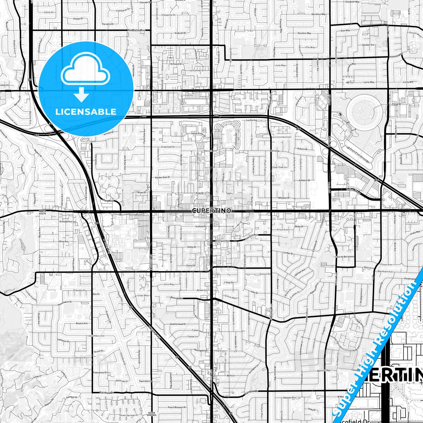 Cupertino, California Light Map with Street Names, City Names, and Districts