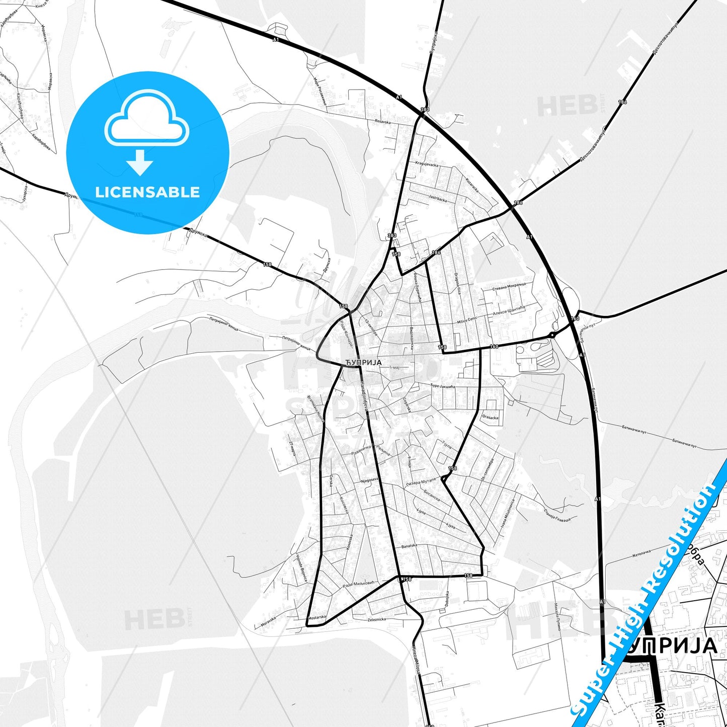 Ćuprija, Serbia Light Map with Street Names, City Names, and Districts