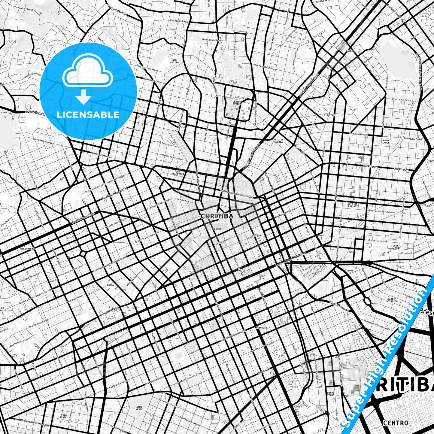 Curitiba, Brazil Light Map with Street Names, City Names, and Districts