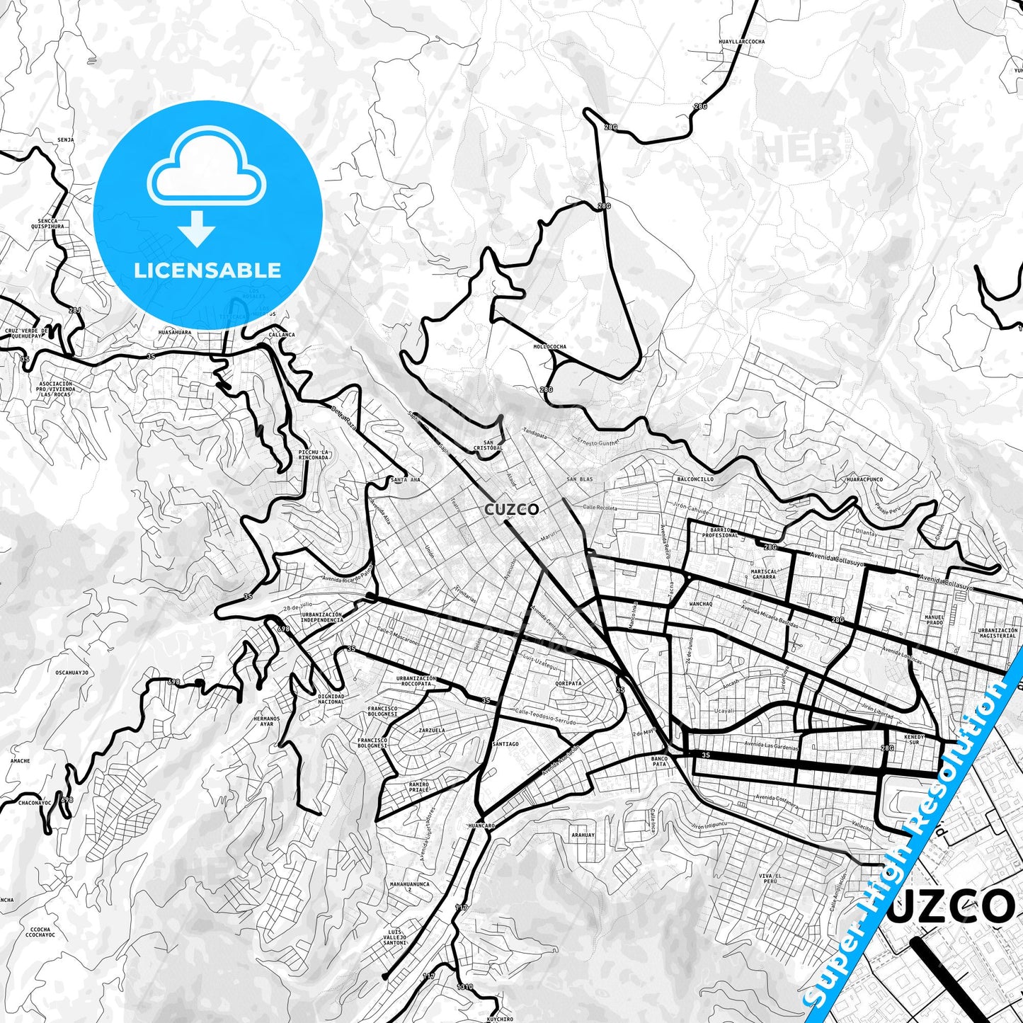 Cusco, Peru Light Map with Street Names, City Names, and Districts