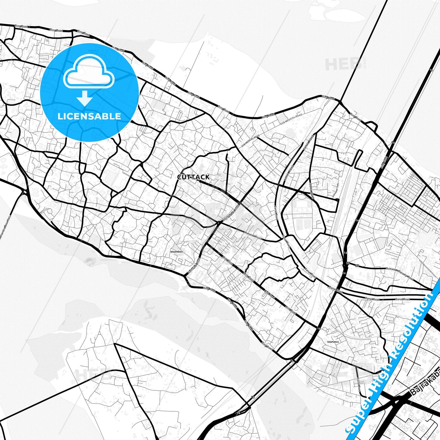Cuttack, India Light Map with Street Names, City Names, and Districts