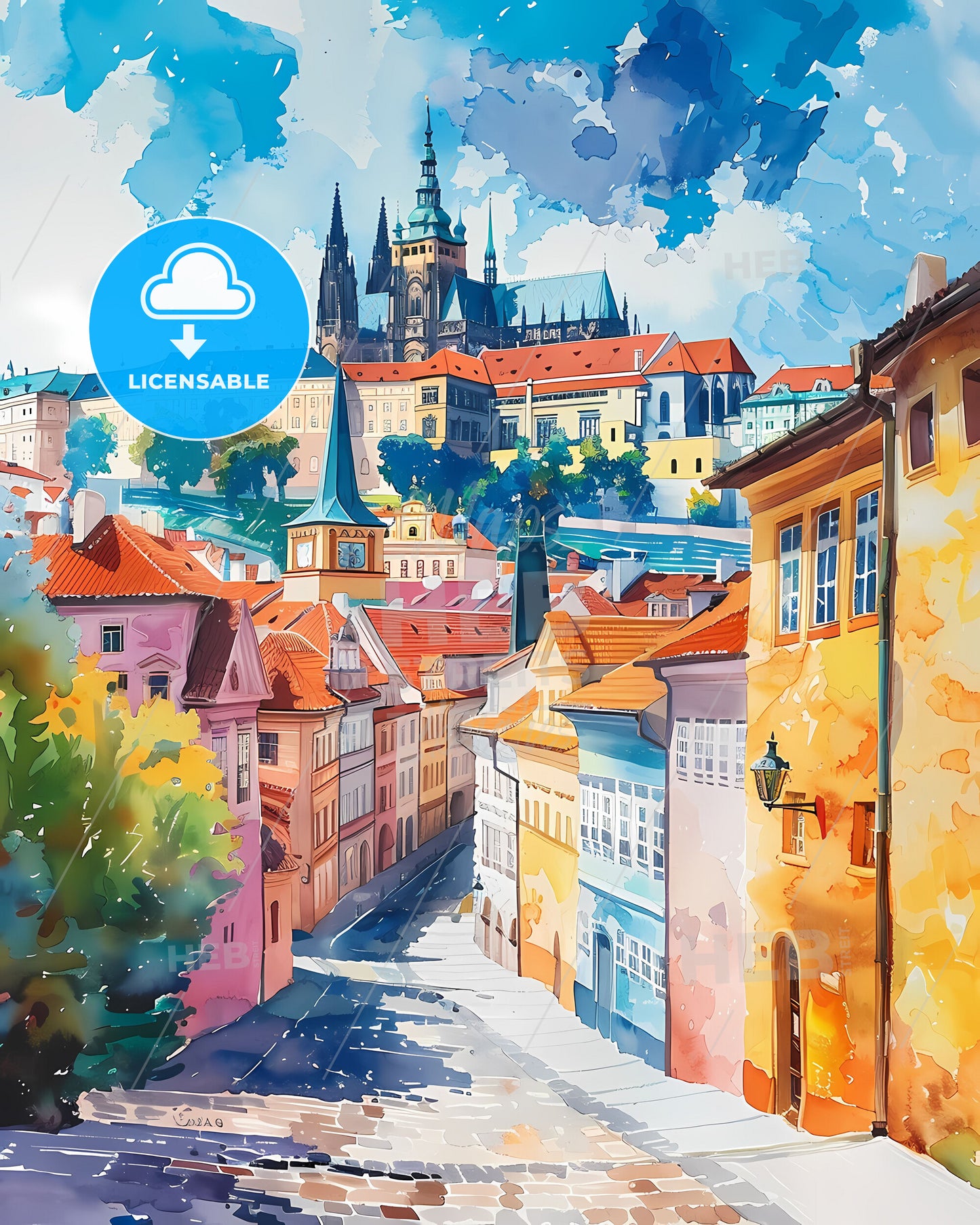 Vibrant Street Art Scene in Prague, Czechia with Castle in Background, Depicting Local Culture