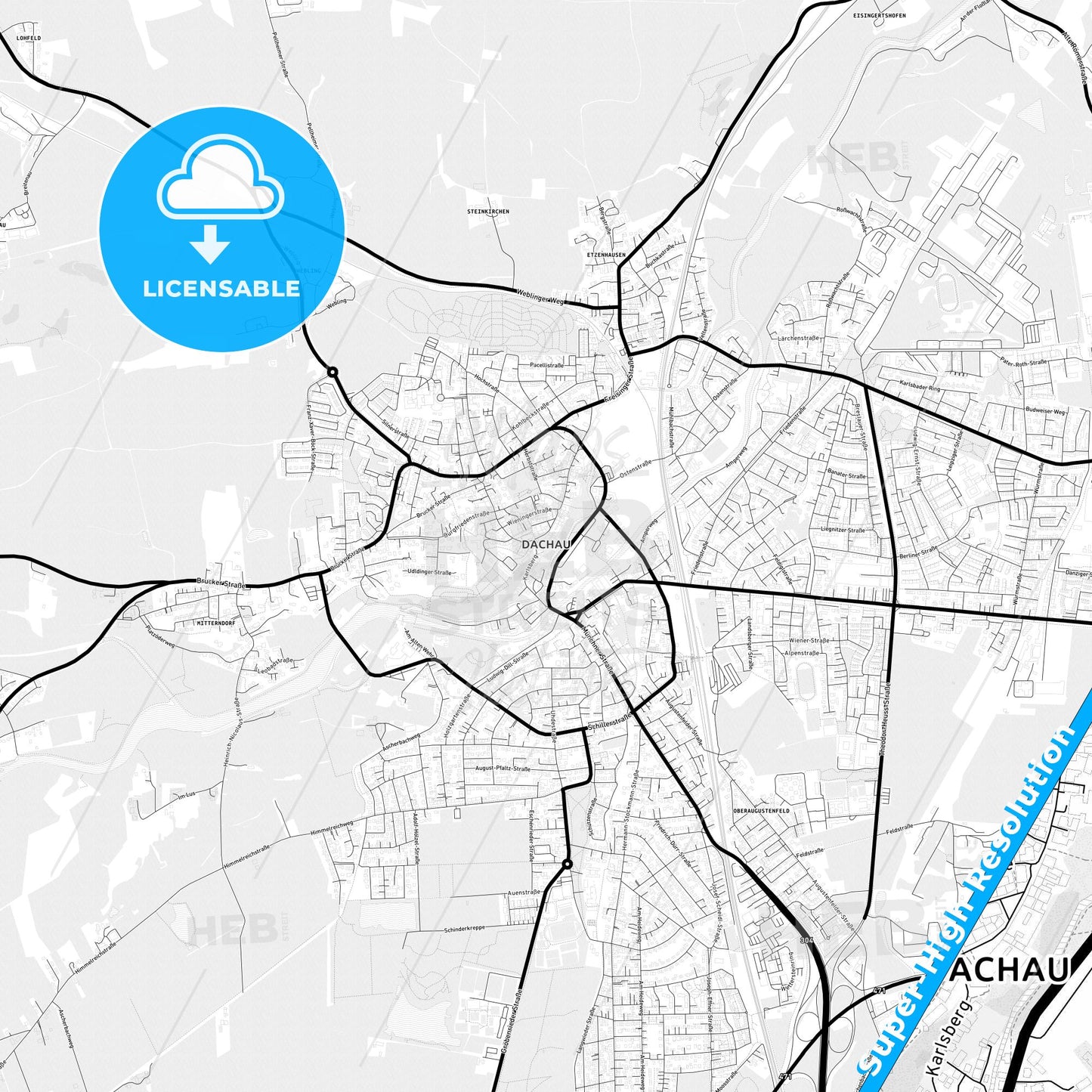 Dachau, Germany Light Map with Street Names, City Names, and Districts