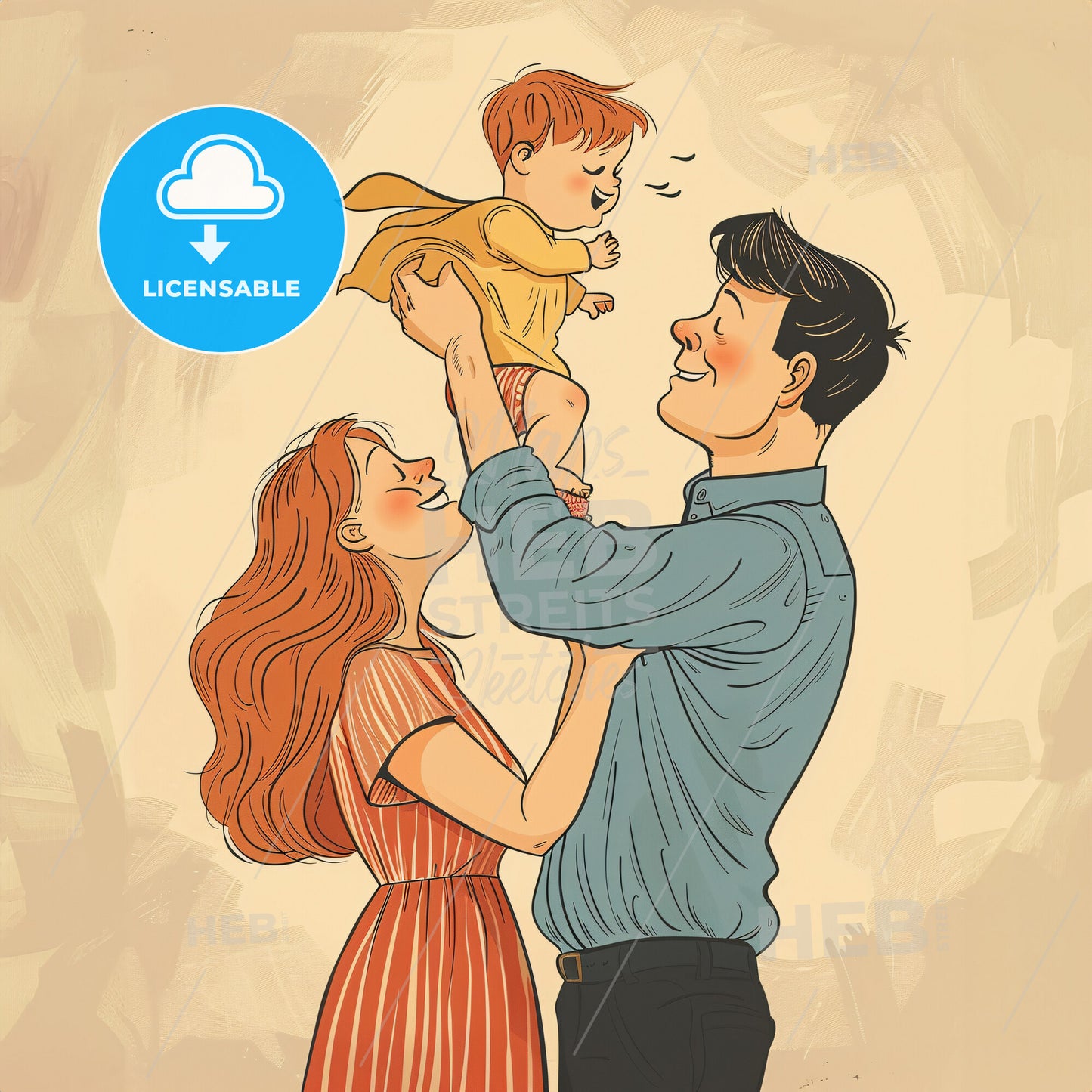 Dad Has Lifted His New Born High In The Air With His Arms - A Man And Woman Holding A Baby