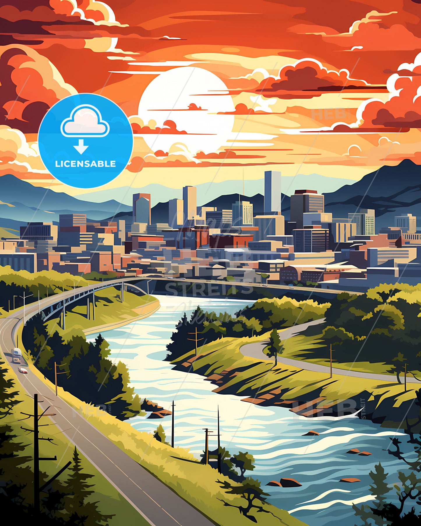 Visionary Interpretation of Daegu Cityscape with Vibrant River and Artist's Perspective