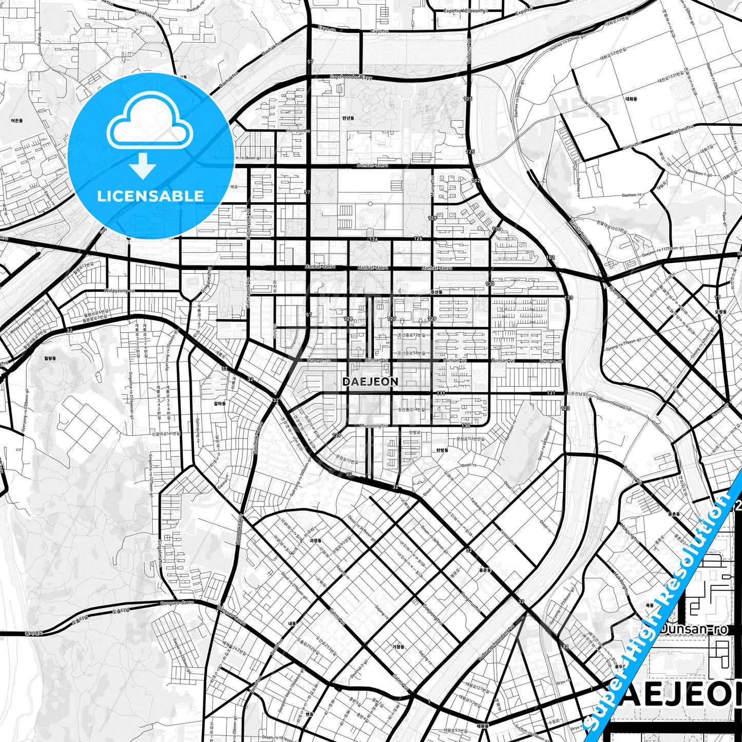 Daejeon, South Korea Light Map with Street Names, City Names, and Districts