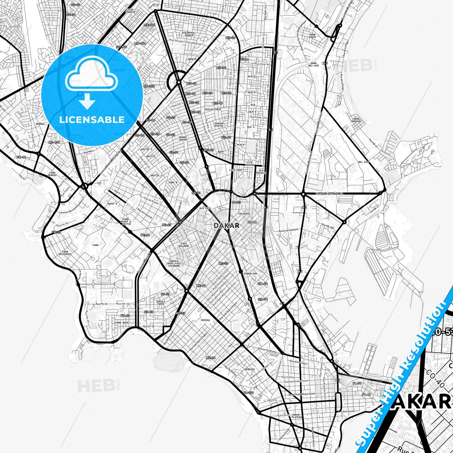 Dakar, Senegal Light Map with Street Names, City Names, and Districts