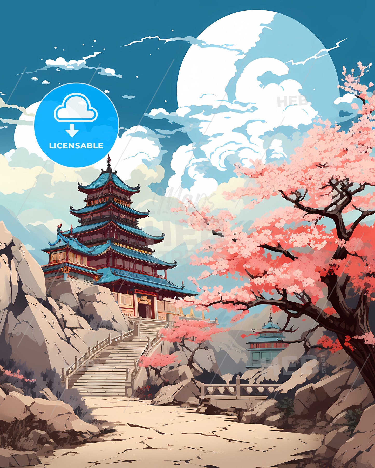 Dalian Skyline Watercolor Painting: Hilltop Building, Tree, and Cherry Blossom