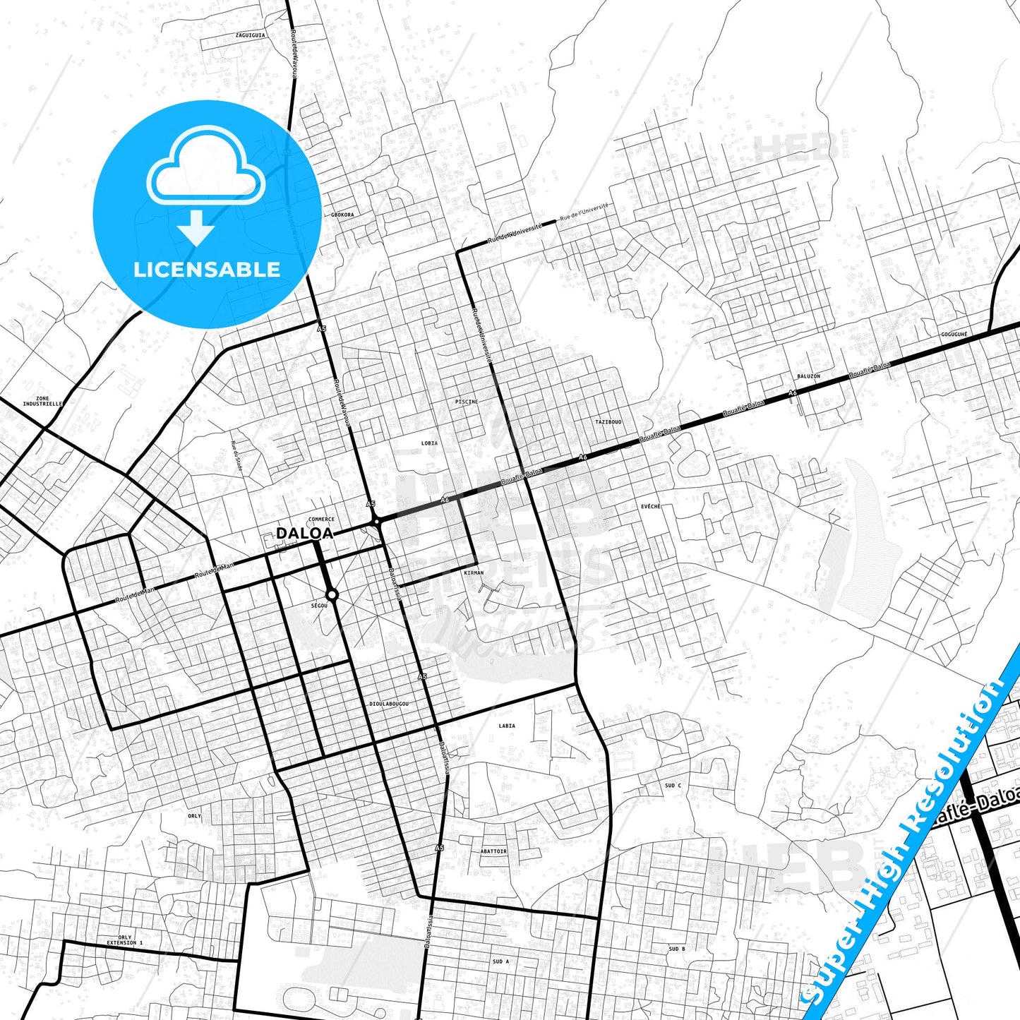 Daloa, Ivory Coast Light Map with Street Names, City Names, and Districts