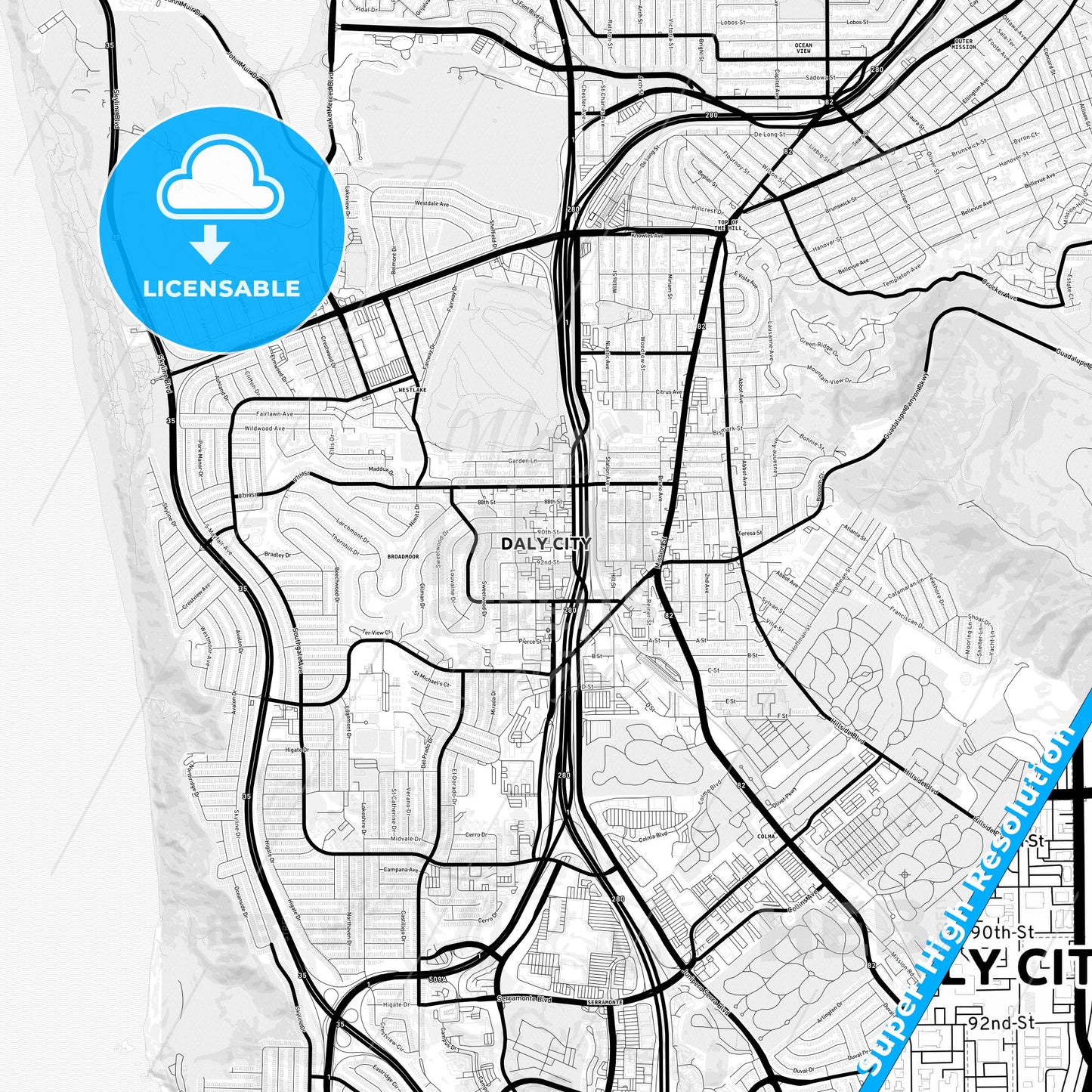 Daly City, California Light Map with Street Names, City Names, and Districts