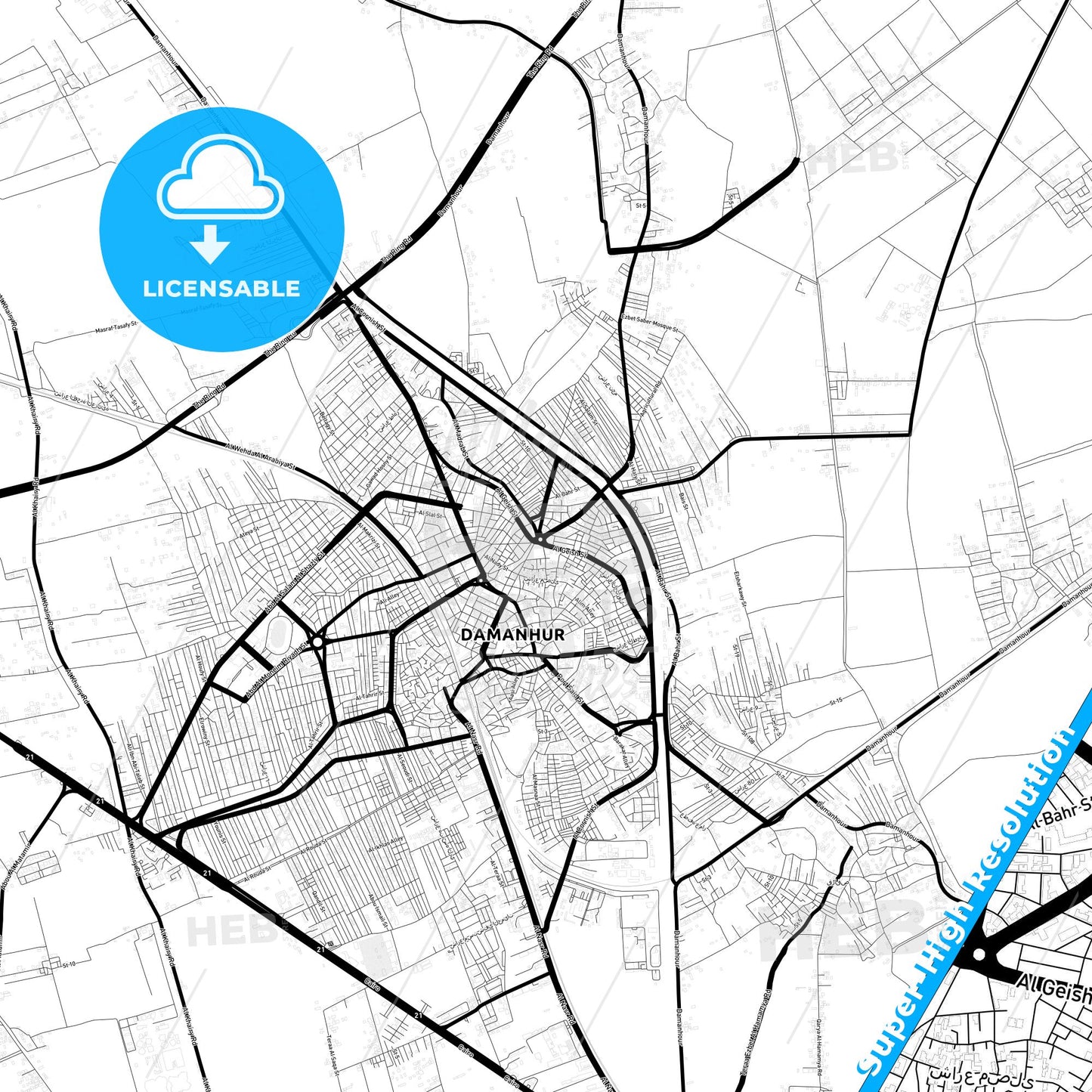 Damanhur, Egypt Light Map with Street Names, City Names, and Districts