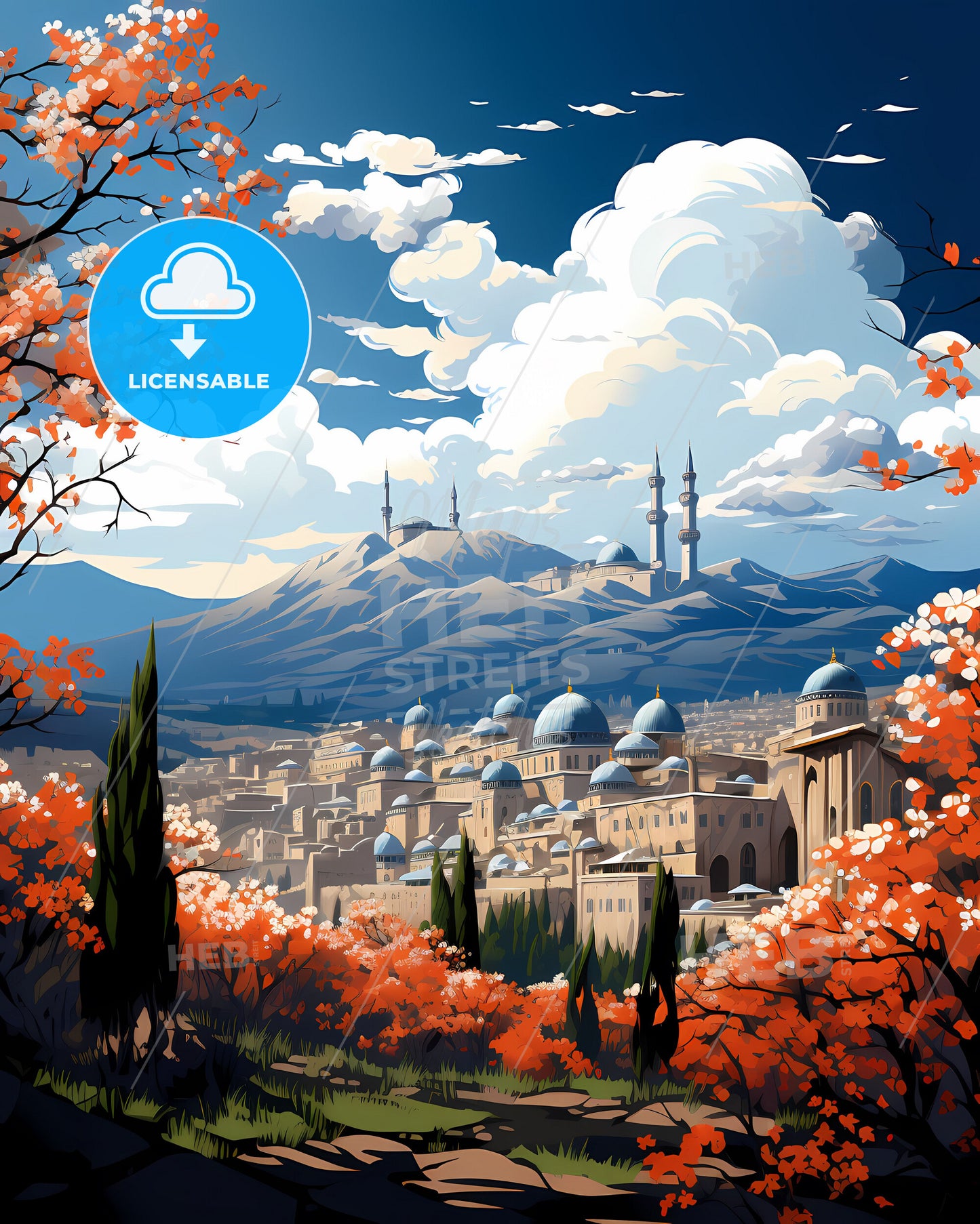 Painting of Damascus Syria City Skyline with Domes and Mountains