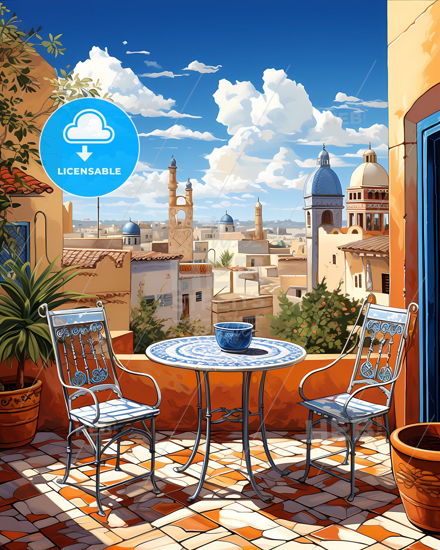 Vibrant Cityscape Painting - Table and Chairs on Patio with Dammam Skyline View